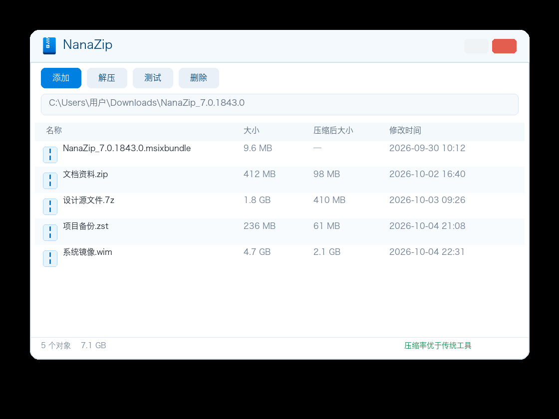 NanaZip 文件管理器界面示意图，展示压缩包浏览与解压操作